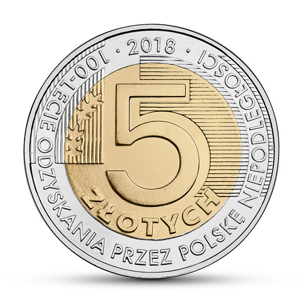 5 zł 2018 - Moneta z okolicznościowym napisem 100-lecie odzyskania przez Polskę niepodległości